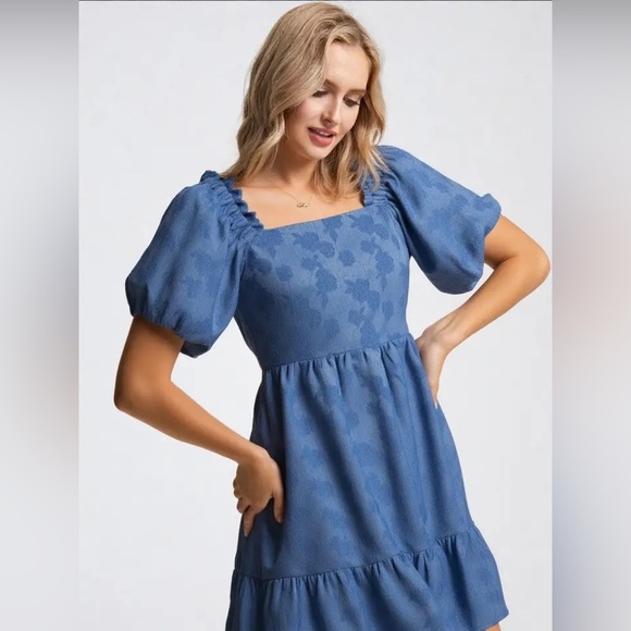 Chic Blue Floral Mini Dress - Picture 2 of 6